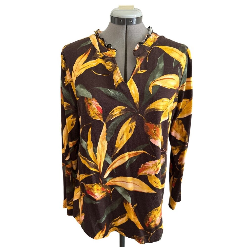 Chicos Womens V Neck Brown & Yellow Floral Long-Sleeve Top Size 2 (Large)